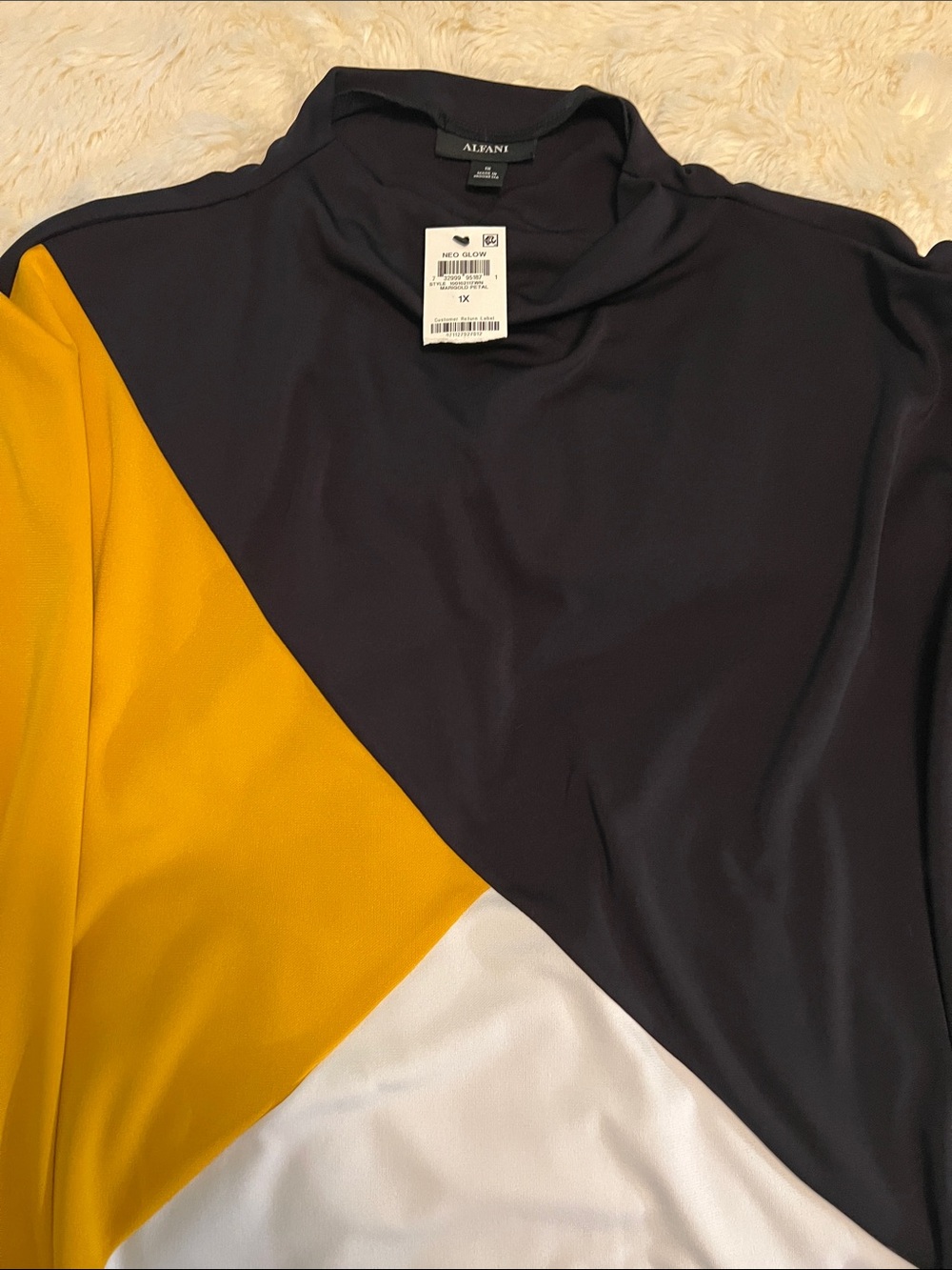Alfani Colorblock Mock Neck Top — Navy, Mustard & White